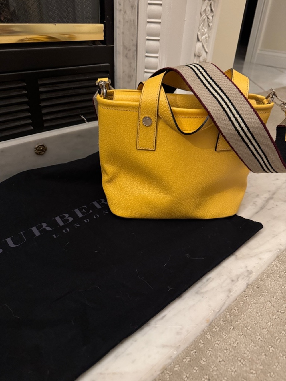 Burberry Yellow Pebbled Leather Mini Bag with Striped Strap